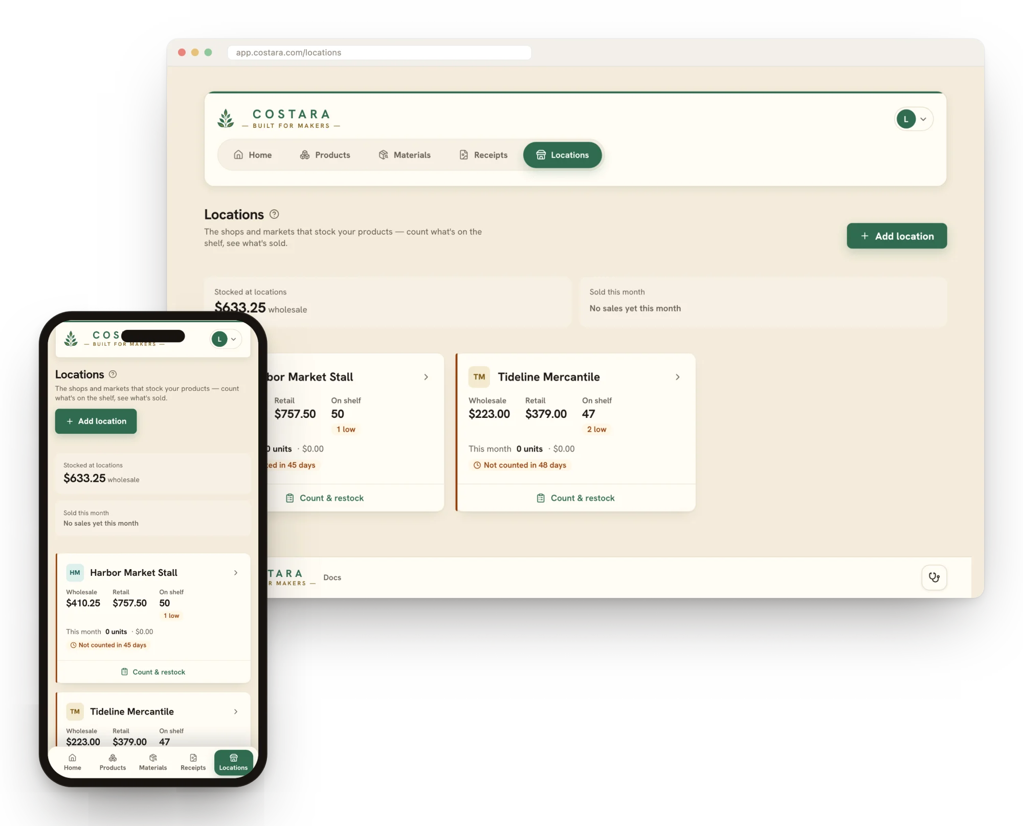 The Costara locations screen showing each shop that stocks your products, with on-shelf counts and stock value